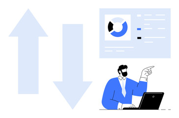 Business professional with a laptop pointing at a data chart, flanked by large upward and downward arrows. Ideal for market analysis, data presentation, performance review, financial trends, business