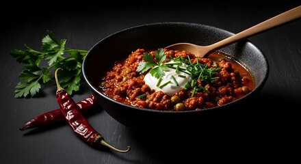 Hearty bowl of chili with fresh toppings and peppers