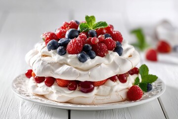 Gourmet pavlova cake with fresh berry topping. Delicious Pavlova dessert on white gray blurred table background. Summer treat. Delight strawberries, blueberries, blackberries, raspberry, mint leaves