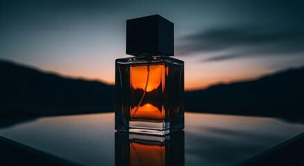 Luxury perfume bottle reflecting sunset glow on calm water