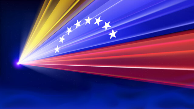 Flag of venezuela. Venezuelan abstract flag. Laser show. Spotlight on dark blue background. Multicolor template of banner, poster for national holiday of venezuela. Place for text. Copy space. Vector - Powered by Adobe