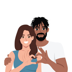 Smiling couple standing together while forming a heart shape with their hands. Flat Vector character illustration