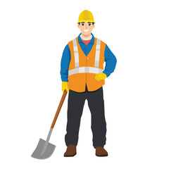 Smiling construction worker wearing a safety vest and helmet while holding a shovel. Flat Vector character illustration