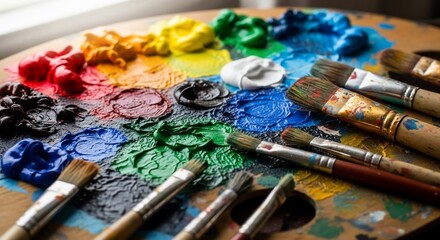 Fototapeta premium Colorful artist palette with various paintbrushes and mixed oil paints.