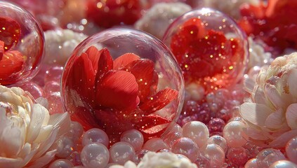 Delicate red flowers in glass orbs, nestled in pearls