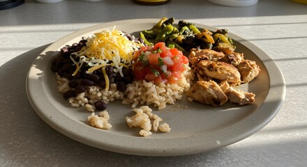 Colorful Meal with Chicken, Rice, Beans, and Vegetables on Plate