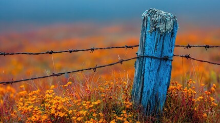 Rustic wooden post, vibrant orange flowers, barbed wire fence