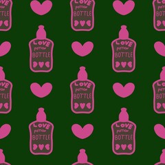 Cute seamless pattern with pink love potion bottles and hearts, perfect for romantic design, valentine decoration, and playful background.
