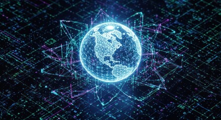Digital Earth Glowing globe over geometric grid, North America focused