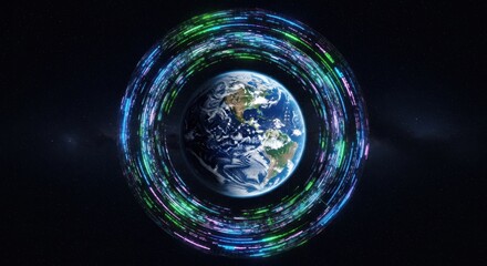 Earth enclosed by shimmering, glowing, vibrant, digital rings in space