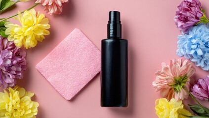 Flat lay of black spray bottle and pink cloth, surrounded by flowers