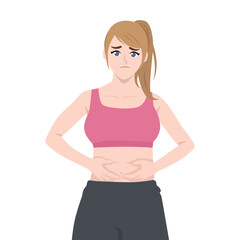 Sad Woman Holding Belly Fat. Flat Vector character illustration