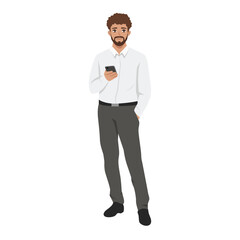 Confident man in formal attire holding a smartphone while standing casually. Flat Vector character illustration
