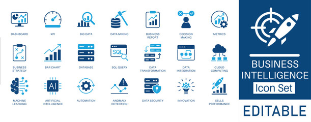 Business Intelligence flat icon set. Includes symbols for Big Data, AI, Dashboard, Automation, and KPI. Vector icons for web, presentations, and infographics.