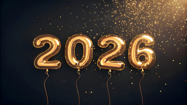Golden 2026 balloons with falling glitter on dark full hd 4k stock image download background year celebration