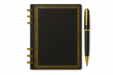 Black closed notebook with golden edges and a pen aside, isolated on transparent background, perfect for business and education related visuals