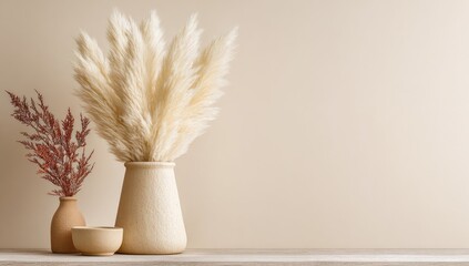 Naklejka premium Cream and terracotta vases with pampas grass and dried flowers on a light wood shelf