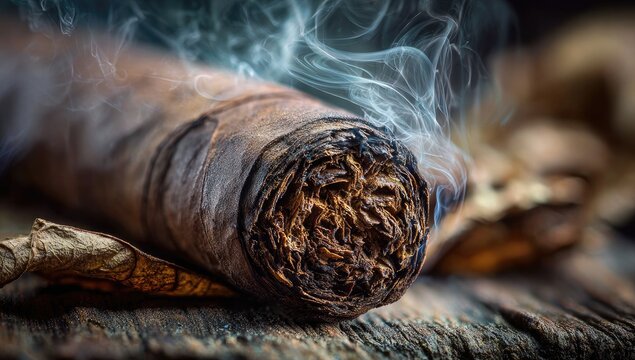 Close-up of a cigar smoking, with wisps of smoke