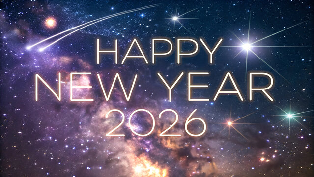 Happy New Year 2026 glowing text over starry galaxy with shooting stars full hd 4k stock image download