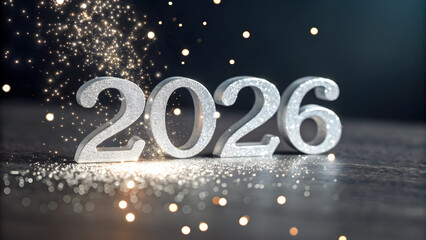 Silver metallic numbers 2026 with sparkling glitter and bokeh lights full hd 4k stock image download
