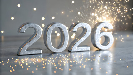 Silver metallic 3d numbers 2026 with golden sparks and bokeh lights full hd 4k stock image download year