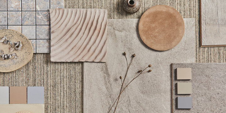 Flat lay of creative design of beige architect moodboard composition with samples of building, neutral textile and natural materials and personal accessories. Top view, template.