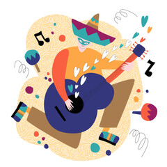 vector illustration in flat style on the theme of carnival, holiday, festa junina. Dancing people with maracas and drums. Music, festive atmosphere