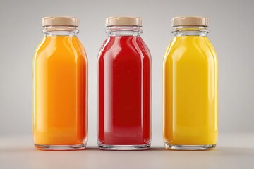 Three glass bottles filled with orange, red, and yellow juices, featuring light brown caps, stand in a row against a neutral grey backdrop