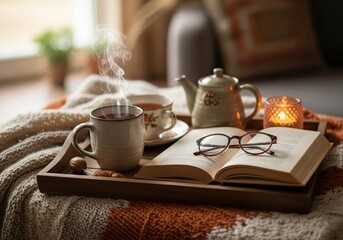 Cozy autumn reading with hot tea and a book by a warm candle