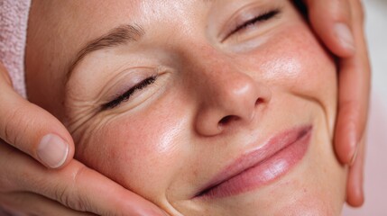 Fototapeta premium Relaxing facial treatment in a serene spa setting with a joyful woman enjoying pampering