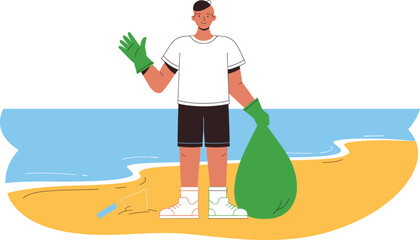 Person cleaning beach with trash bag and gloves