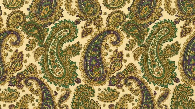 Intricate paisley pattern in earthy tones of green, brown, and gold on a cream background, showcasing a classic textile design.