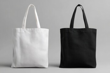 Two simple tote bags, one white and one black, stand side-by-side against a neutral gray background, showcasing their clean, minimalist design