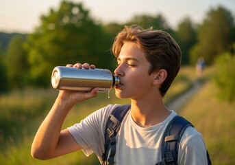 Teenage boy drinking from a reusable water bottle while hiking in nature at sunset
