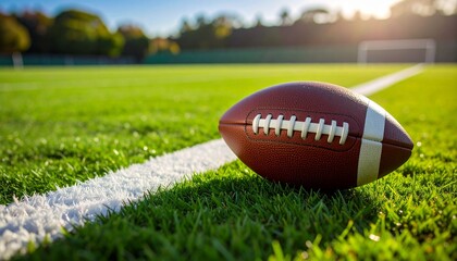 Obraz premium Close-up of American Football on Green Turf Field