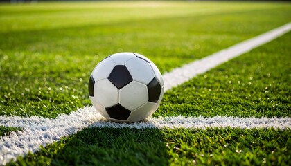 The soccer ball is on the green grass near the white side line