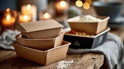 Cardboard food containers on a table with candles.