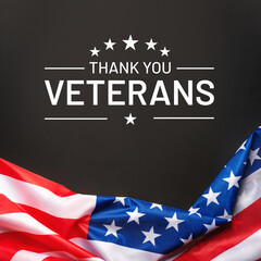 Veterans day. Black background with American flag. Website banner and greeting card design template.