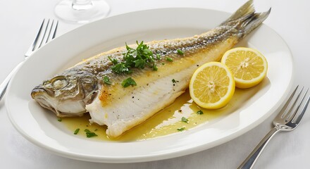 Cooked Fish with Yellow Lemon Slices on White Plate