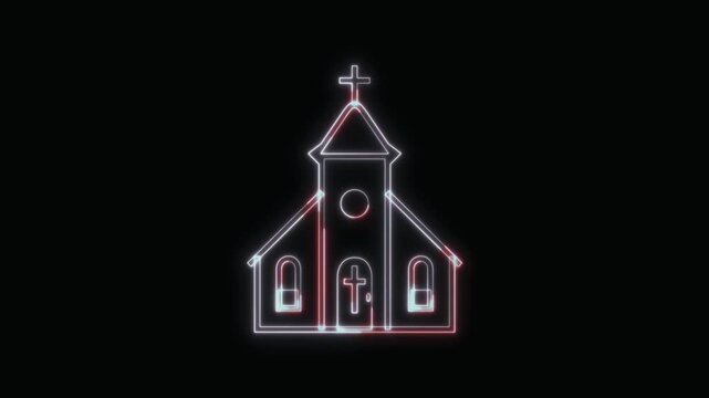  Church Icon Neon Seamless Loop 4K with Black Background Animated Promotional Typography for Video Editing