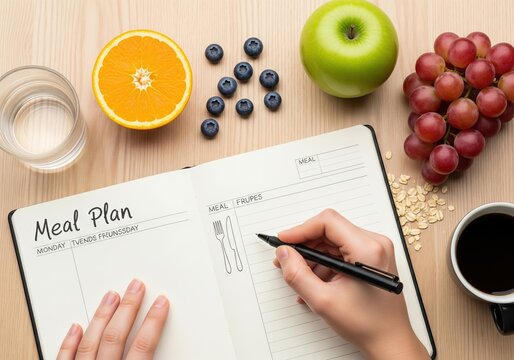 Top view of a person creating a weekly healthy meal plan with fresh fruits and coffee