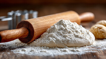 Flour and rolling pin on wooden surface, ready for baking.