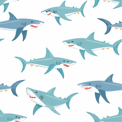 Obraz premium Shark seamless pattern. Hand-drawn vector sharks repeat pattern background.