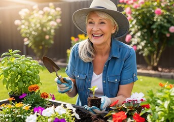 Happy senior woman enjoying her retirement hobby of gardening in a sunny backyard