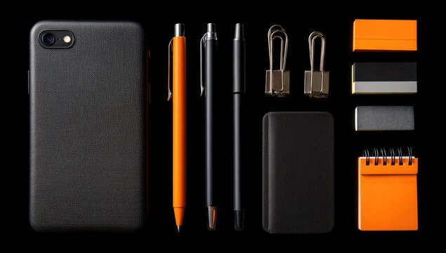 Flat lay of black and orange office supplies. A smartphone case, pens, clips, notepad, and erasers on a black background