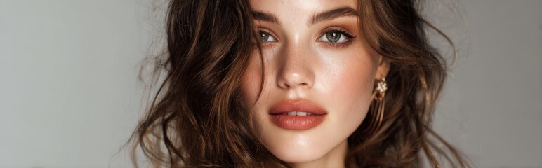 Beautiful woman with tousled hair and natural makeup gazes confidently at the camera in a soft light setting