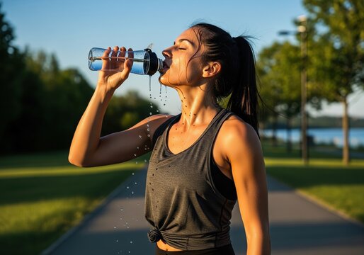 Sweaty Woman Hydrating After Workout on Sunny Day - Powered by Adobe