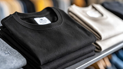 Naklejka premium Stack of black t-shirts on display in a clothing store.