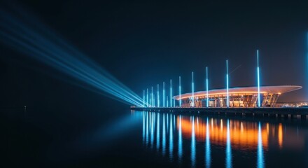 Fototapeta premium Illuminated waterfront building at night, light beams reflect in the water