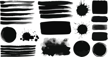 Dynamic black ink brush strokes and splatters perfect for artistic design elements